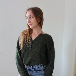 Cozy Quarter Button V Neck Green Knit Sweater